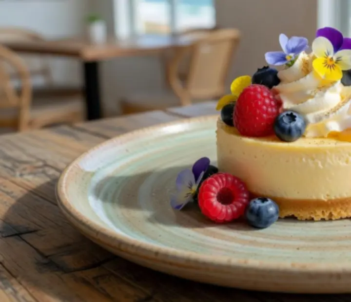 Refined Australian dessert plating at Showdown Supperclub, styled on a light coastal table setting.