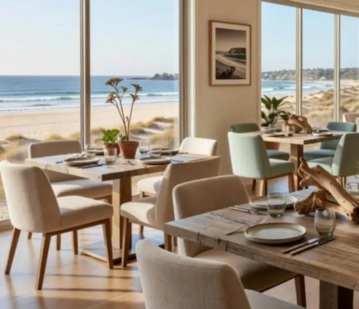 Sunlit Australian restaurant dining room at Showdown Supperclub with neatly set tables and coastal-inspired decor.