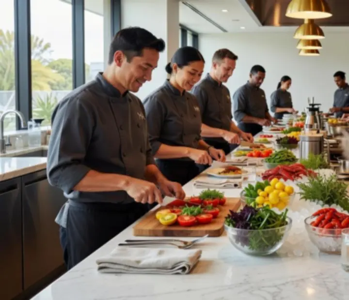Chefs plating dishes in a modern Australian restaurant kitchen