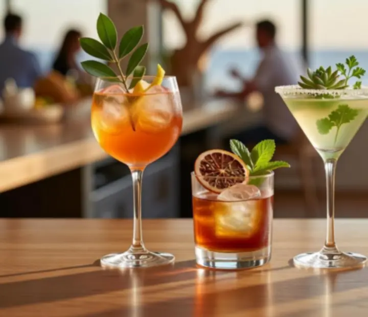 Crafted coastal cocktails arranged on a light bar counter at Showdown Supperclub.