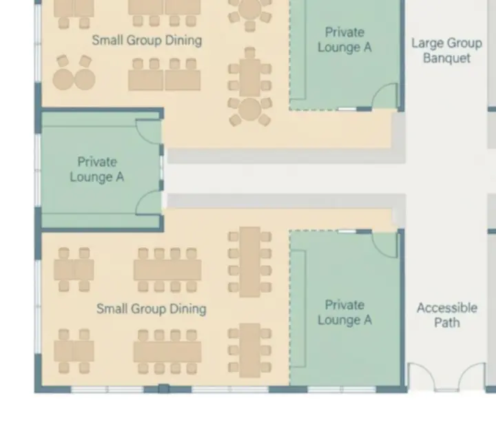 Floorplan diagram of Showdown Supperclub showing dining room, lounge, and event spaces