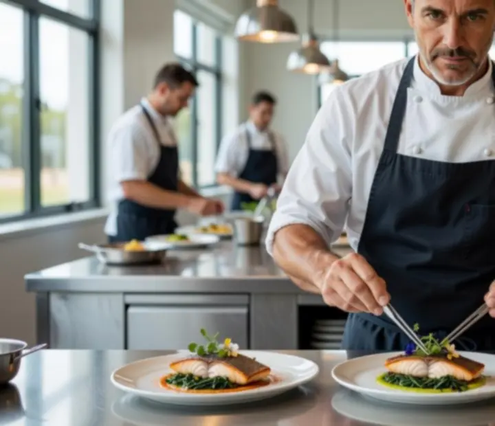 Executive Chef plating dishes at the pass in a bright Australian restaurant kitchen.