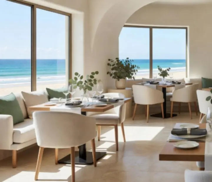 Main dining area of Showdown Supperclub filled with coastal daylight and refined textures