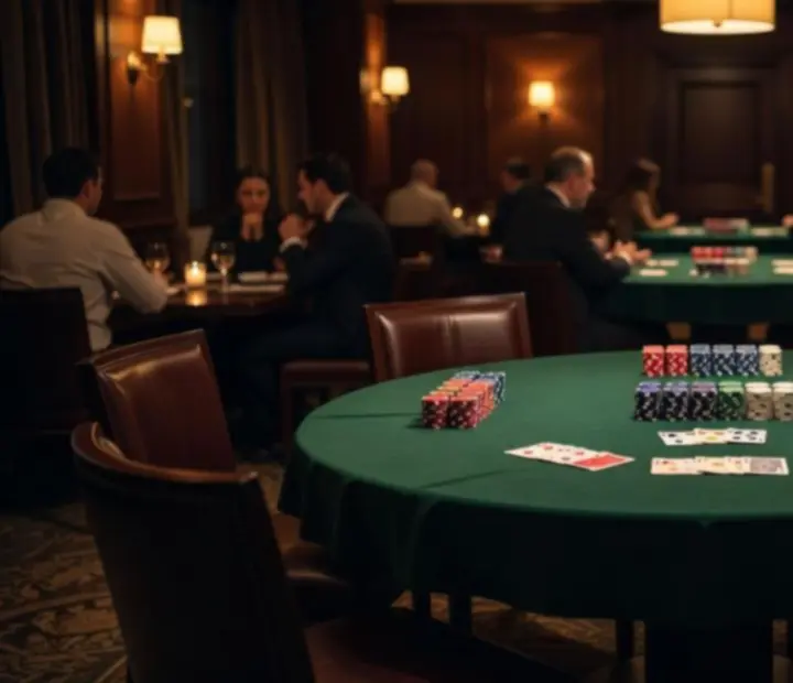 Elegant lounge table set for a hosted social poker evening with cards and drinks.