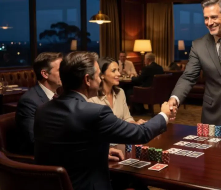 Professional poker night host welcoming guests in an elegant lounge with cards and chips neatly arranged.