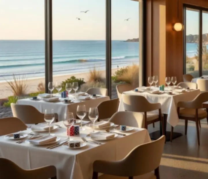 Sunlit restaurant interior prepared for an evening social poker event