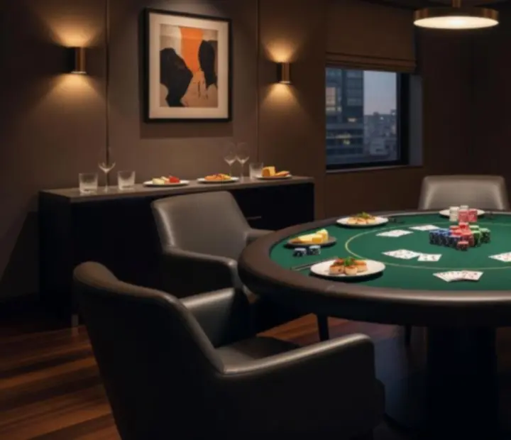 Private lounge set for a hosted social poker night with dining tables
