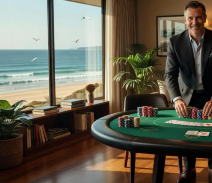 Professional host preparing a table for an offline social poker evening