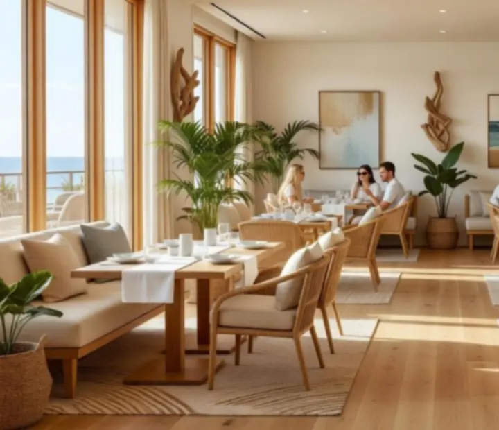 Bright Australian restaurant dining lounge with sunlit tables set for guests