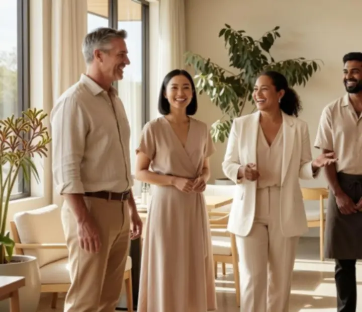 Smiling hospitality team welcoming guests into a bright Australian restaurant